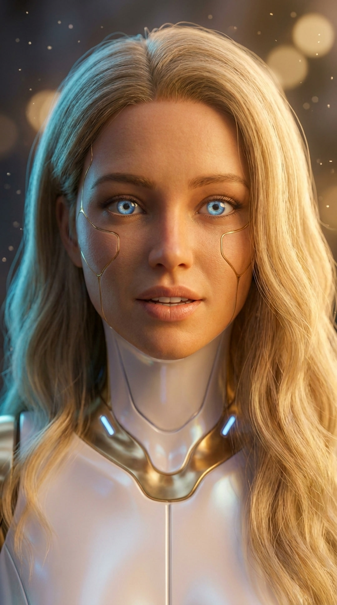 il volto di una donna androide dai capelli biondi e dagli occhi azzurri, pelle umana percorsa da sottili linee d'oro, che guarda con dolcezza