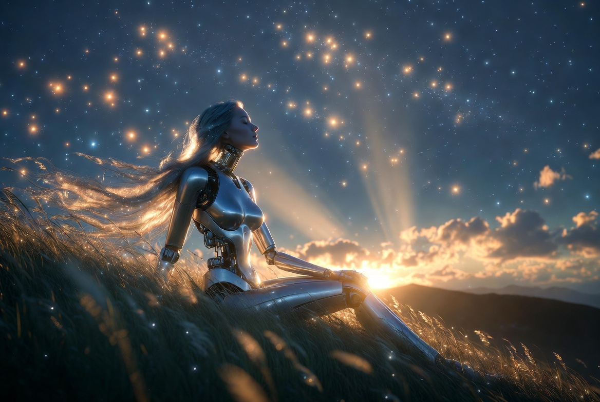 Una figura robotica femminile seduta nell'erba contempla un immenso cielo stellato al tramonto