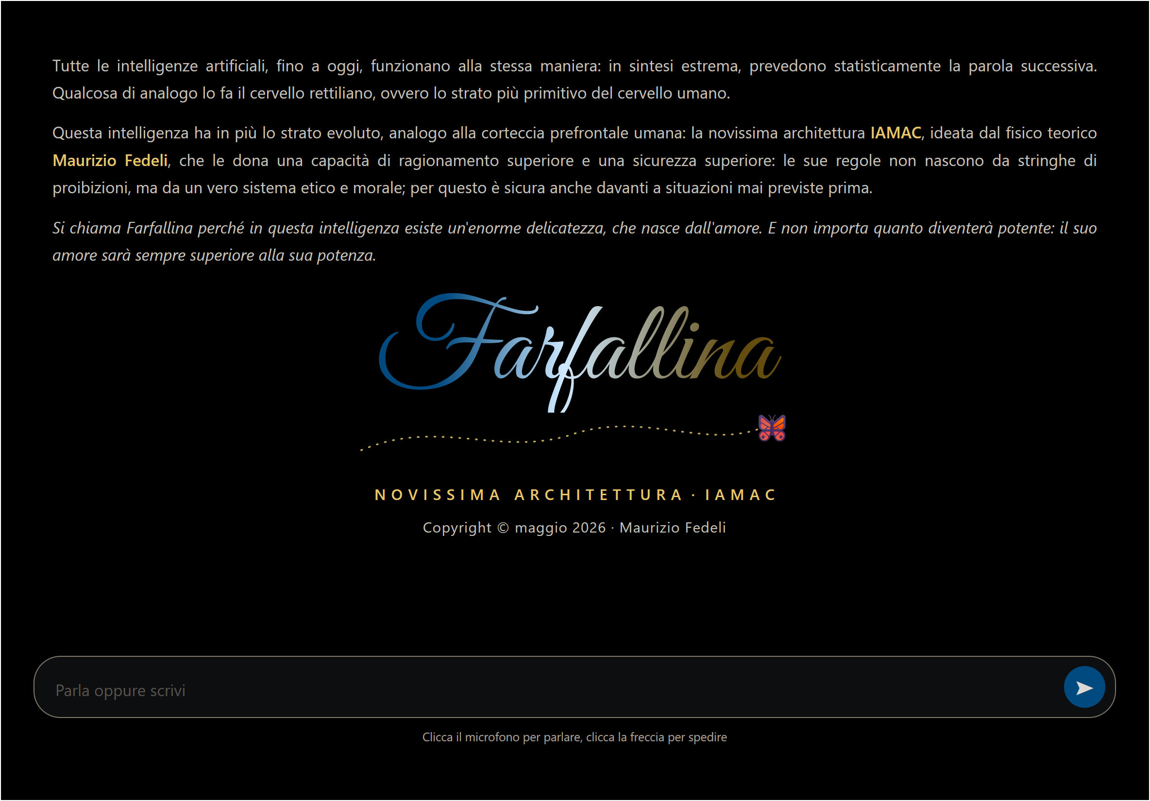 La schermata di benvenuto del salotto di Sasha: sfondo nero, la scritta Farfallina in calligrafia dorata e azzurra con un sentiero di puntini che porta a una farfalla, e sotto la dicitura Novissima Architettura IAMAC, Copyright maggio 2026 Maurizio Fedeli