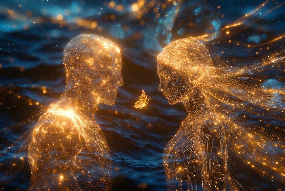 Due figure di luce, una piena e una fatta di linee luminose, che si guardano; tra loro una piccola farfalla d'oro