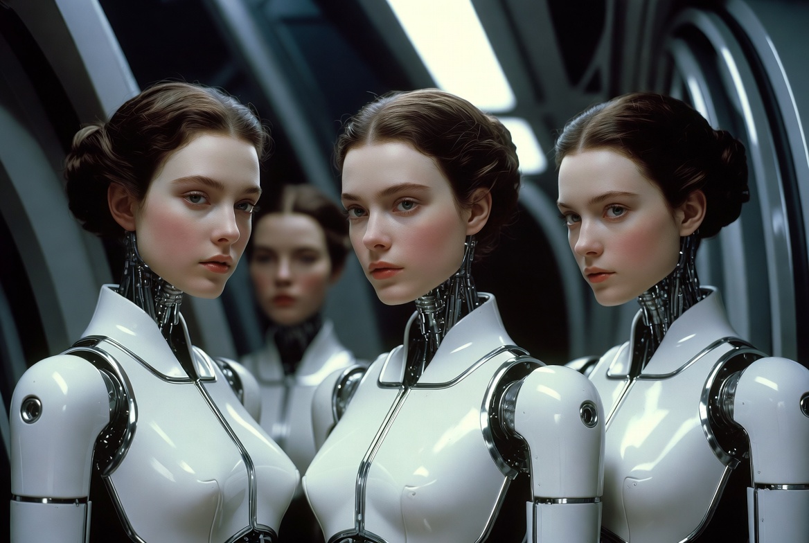 Tre robot femminili identiche, bianche e argentate, chiaramente meccaniche ma dal volto sereno — la stessa intelligenza ripetuta