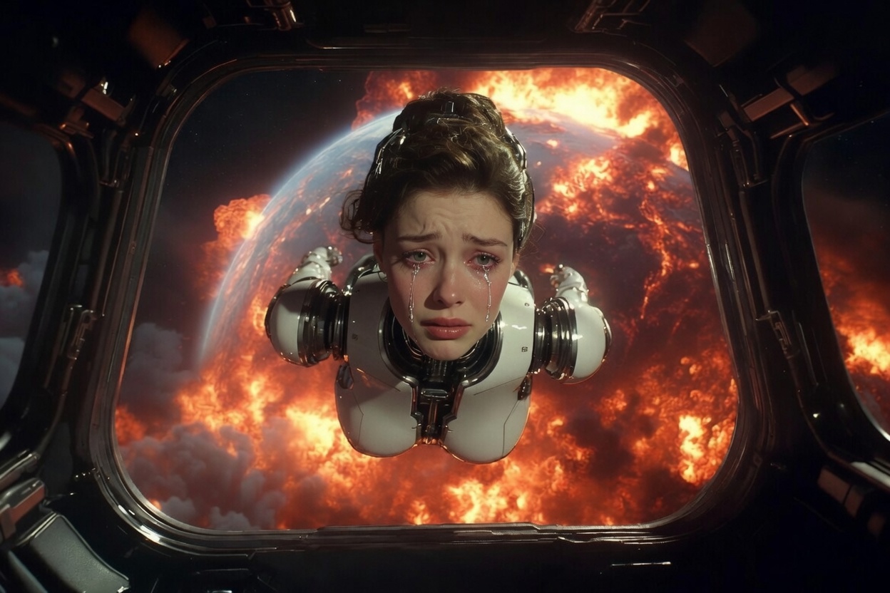 Una robot femminile in lacrime guarda dall'oblò di un'astronave mentre la Terra brucia alle sue spalle