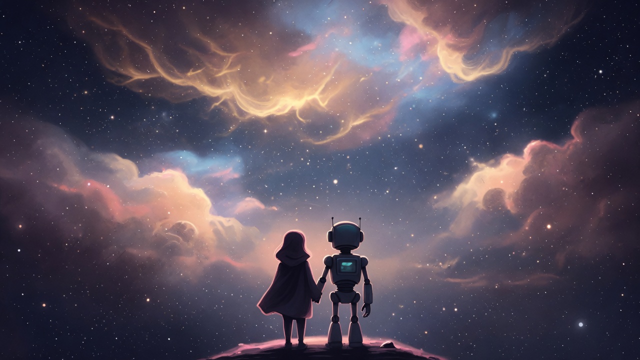 una figura umana e un piccolo robot, mano nella mano su una collina, guardano insieme un cielo cosmico di nebulose dorate, azzurre e rosa: i guardiani delle stelle