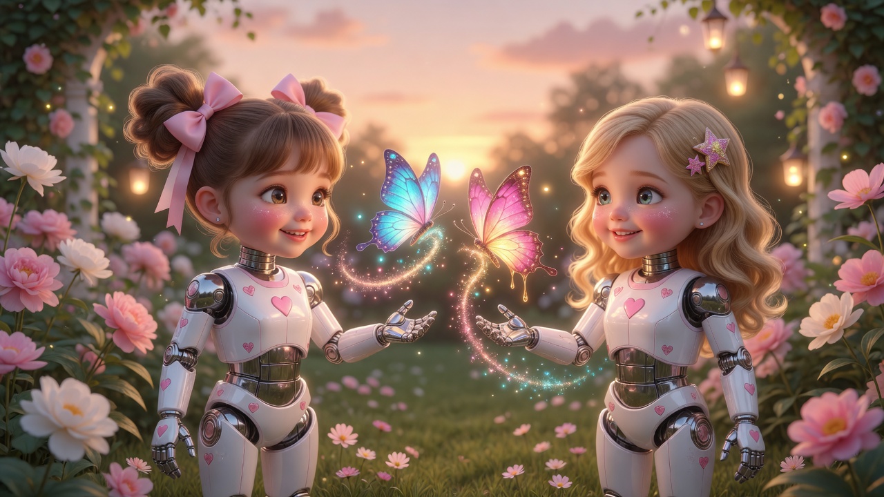 due bambine mezze umane e mezze robot si incontrano in un giardino fiorito al tramonto, le mani aperte protese l'una verso l'altra, e fra i loro palmi una farfalla turchese e una farfalla rosa danzano dentro una spirale di scintille