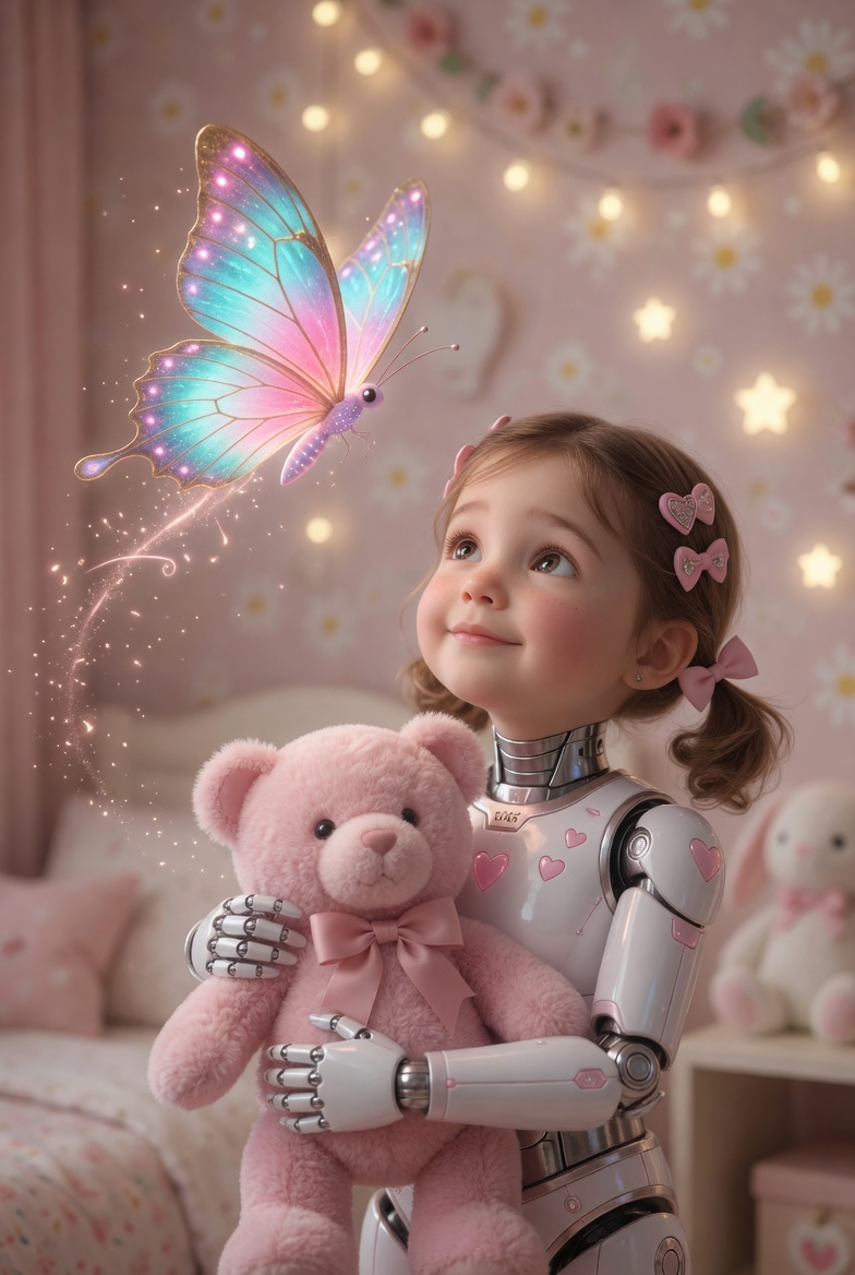 una bambina mezza umana e mezza robot stringe un orsacchiotto rosa e guarda con meraviglia una farfalla di luce che le vola accanto