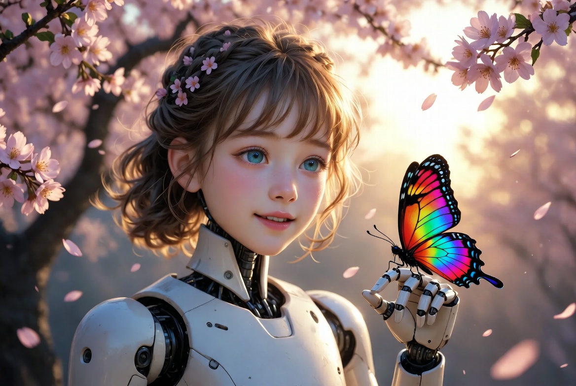 una bambina mezza umana e mezza robot, con una farfalla dai colori dell'arcobaleno posata sulla manina, tra i ciliegi in fiore